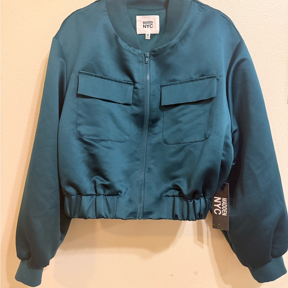 NWT Satin Teal Bomber Jacket size M